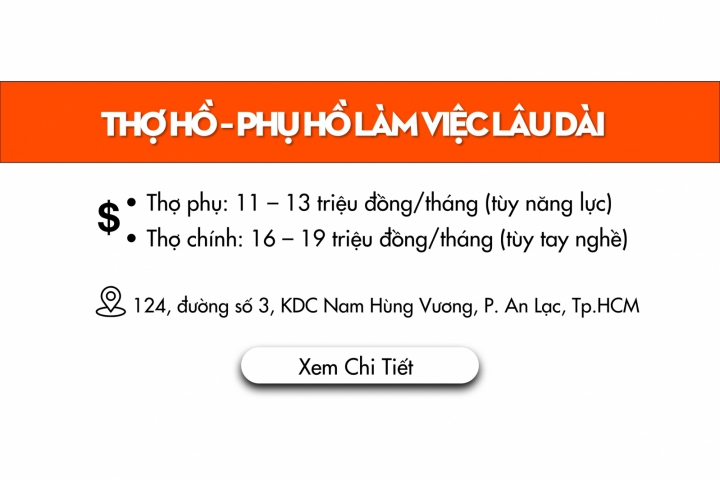 TUYỂN DỤNG THỢ HỒ – PHỤ HỒ LÀM VIỆC LÂU DÀI TẠI TP.HCM